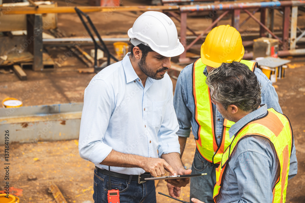 Construction engineer team working together join teamwork talking together at construction site