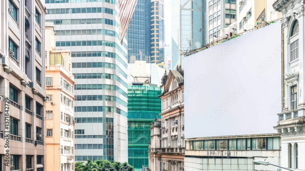 Fototapeta premium Blank White Billboard on Urban Building Side in Hong Kong, No Text or Images, Tall Buildings Backdrop, Realistic Mock-Up Effect