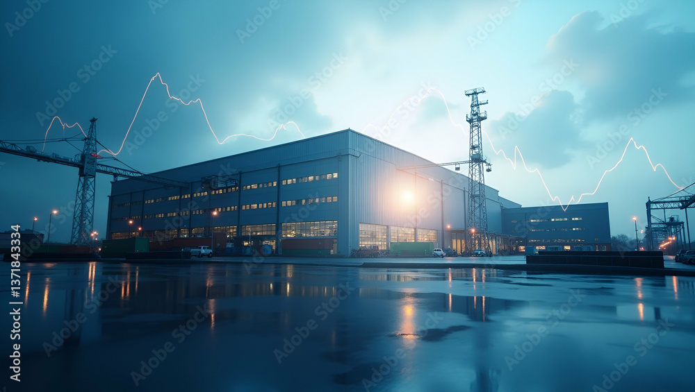 Fototapeta premium Photo realistic double exposure of a warehouse silhouette and financial statement symbolizing supply chain accounting, with ample copy space for text.