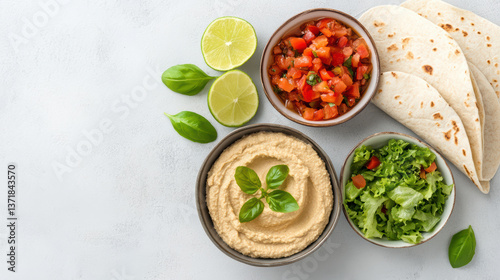 Wallpaper Mural Delicious spread of hummus, fresh salsa, and salad with tortillas, perfect for light meal Torontodigital.ca