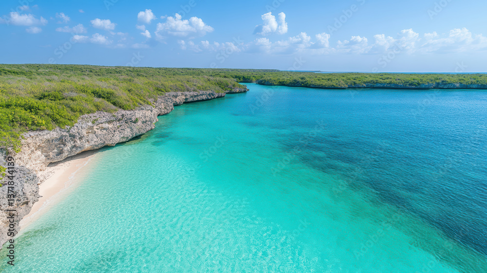 Obraz premium serene tropical lagoon with crystal clear turquoise water, surrounded by lush greenery and sandy
