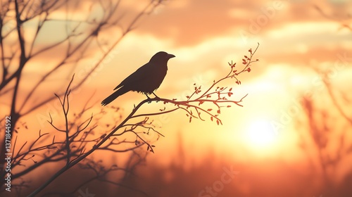 A crow perched on a bare tree branch with a sunset sky