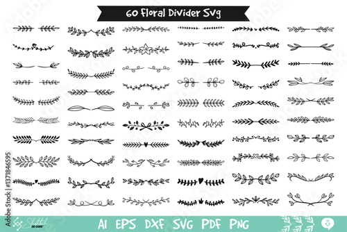 Leaf Plant Nature Border Ornament. Hand drawn floral branches dividers. Floral Divider. Wedding borders for invitation card.
