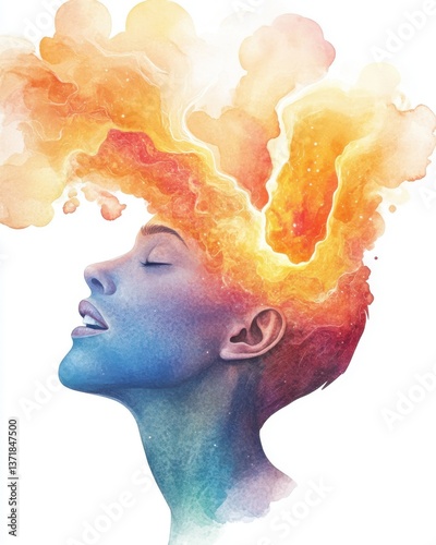 Self awareness and emotional regulation for better leadership. Woman with Colorful Watercolor Head, Abstract Painting