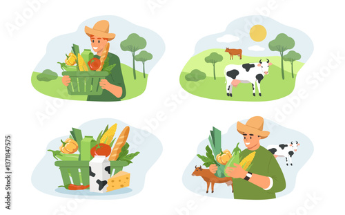 set of vector illustrations in a flat style on the theme of organic, farm dairy products