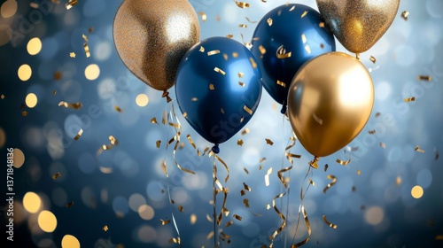 Wallpaper Mural Realistic festive celebration background with golden and blue balloons, falling confetti, soft bokeh lights, and blurry party atmosphere for elegant holiday or event design Torontodigital.ca