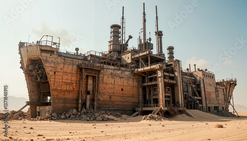 Abandoned fortress made of scrap metal with ship hull walls and peculiar supports in desert