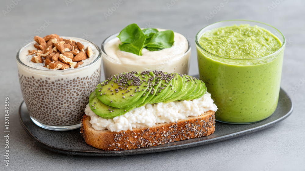 Delicious modern breakfast spread featuring avocado toast, chia pudding, and green smoothie Delicious modern breakfast spread featuring avocado toast, chia pudding, and green smoothie
