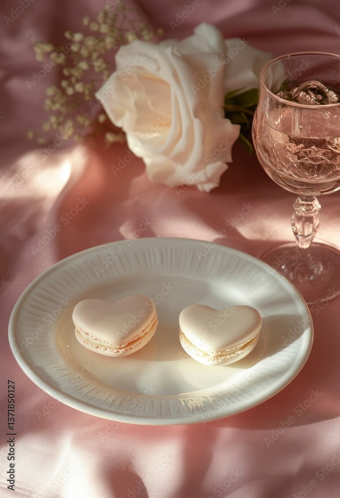 Fototapeta premium Two Heart Shaped Macarons Romantic Setting Rose