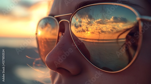 A reflection of a sunset in sunglasses worn by a person