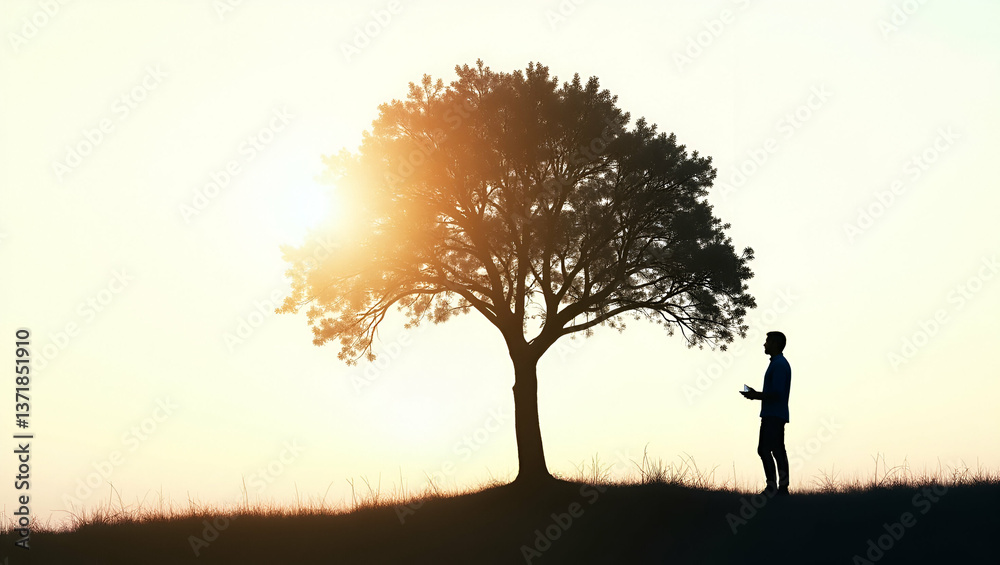 Photo realistic as Silhouette of a person and a tree symbolizing personal growth and nature in double exposure with copy space. concept as A silhouette of a person blended with a tree representing per Photo realistic as Silhouette of a person and a tree symbolizing personal growth and nature in double exposure with copy space. concept as A silhouette of a person blended with a tree representing per