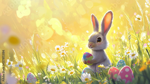 Adorable Bunny With Easter Eggs In Flowery Meadow
