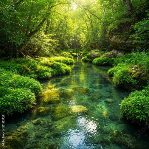 Tranquil Forest Stream with Lush Green Moss and Sunlight