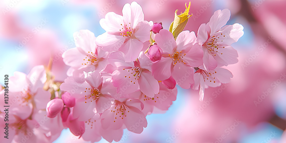 Naklejka premium Charming spring twig with cherry blossoms in full bloom, close-up view