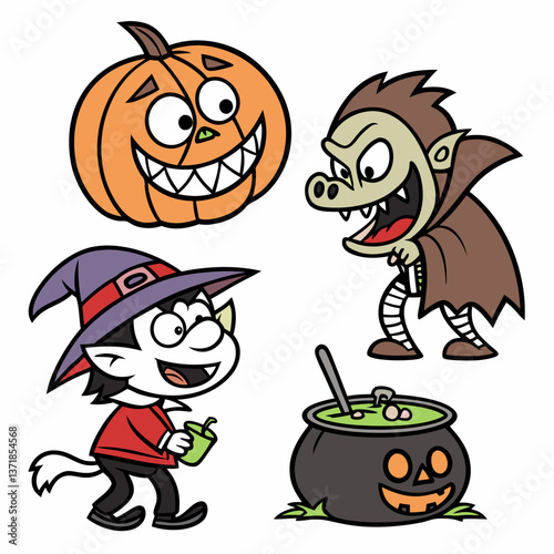 Cartoon Halloween emoji set characters, horror holiday monsters and scary emoticons, vector icons. Halloween funny emoji smiles of pumpkin, vampire and zombie with witch cauldron, werewolf and skull
