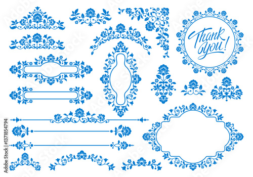 Collection of luxury frames, borders, dividers and corners with floral motifs and ornate swirls. Good for greeting cards, wedding invitations, restaurant menu, certificates design. Vector illustration