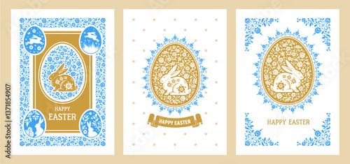 Easter card templates in vintage classic elegant design style. Easter egg painted with floral motifs, swirls and with rabbit. For banner, greeting cards, postcards print etc. Vector illustration 