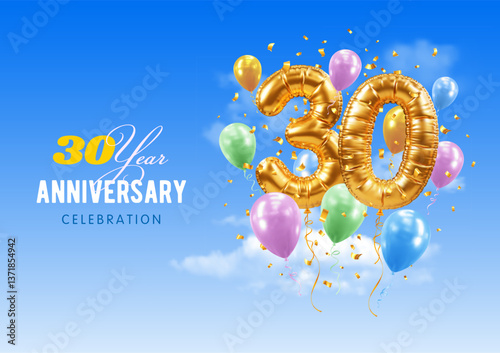 30 Years anniversary, birthday celebration. Number 30 in the form of golden balloons. 3D realistic gold numbers, confetti, blue sky background. Template for jubilee, gala event. Vector illustration