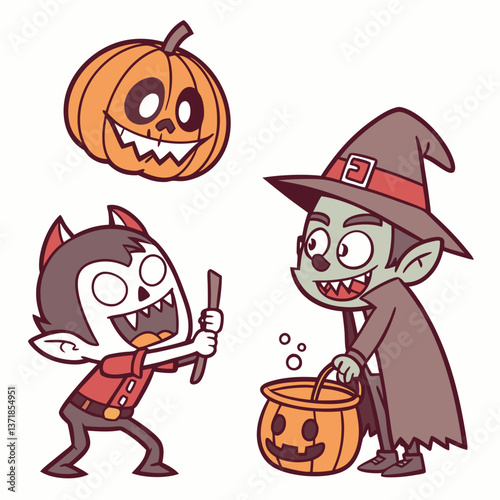 Cartoon Halloween emoji set characters, horror holiday monsters and scary emoticons, vector icons. Halloween funny emoji smiles of pumpkin, vampire and zombie with witch cauldron, werewolf and skull
