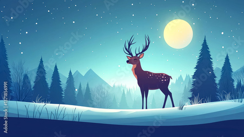 Majestic Deer in Winter Wonderland Night: Serene Snow Forest Landscape