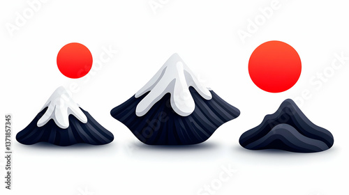 Stylized Mountain Illustrations with Red Suns