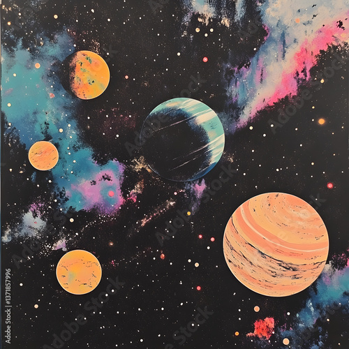 A painting of the planets in the solar system with a blue background