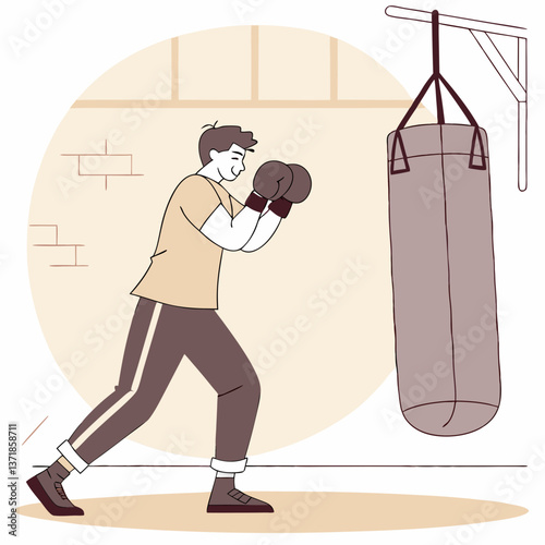 Man in boxing gloves performs punches. Young human engaged in sport stock illustration
