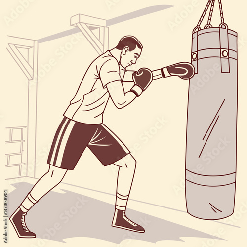 Man in boxing gloves performs punches. Young human engaged in sport stock illustration