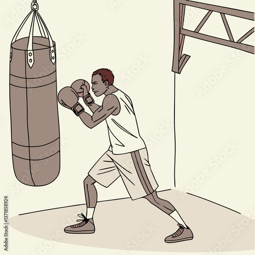 Man in boxing gloves performs punches. Young human engaged in sport stock illustration