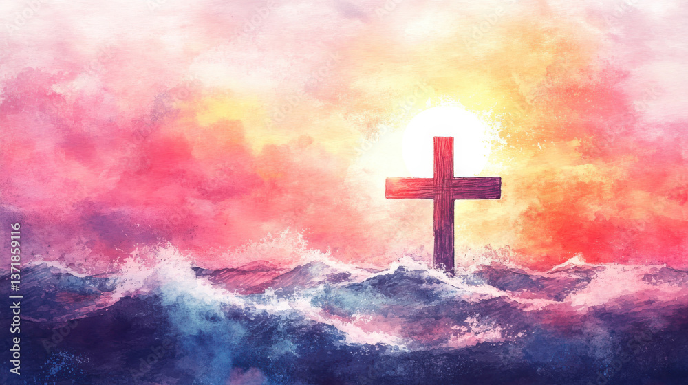 wooden cross stands firm in turbulent ocean waves beneath a radiant, colorful sky, symbolizing hope, faith, and spiritual resilience amidst life's challenges
