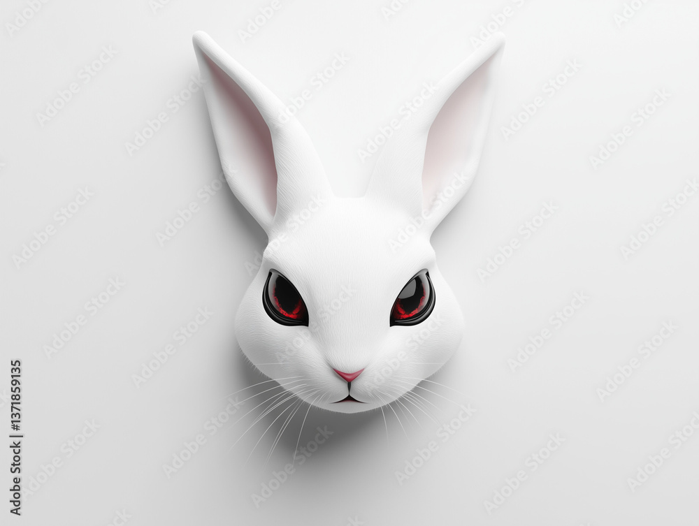 Fototapeta premium Eerie Rabbit: White sculpted rabbit head with piercing red eyes, casting a mysterious vibe on a minimalist background.