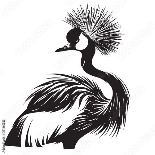 Black Black-crowned Crane Silhouette Vector, High Quality Illustration on White Background