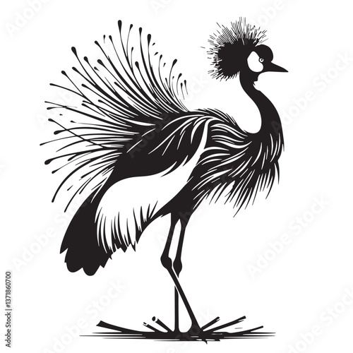 Black Black-crowned Crane Silhouette Vector, High Quality Illustration on White Background