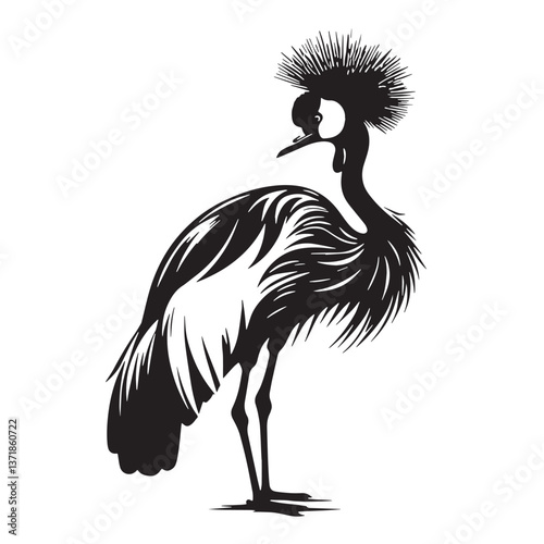Black Black-crowned Crane Silhouette Vector, High Quality Illustration on White Background