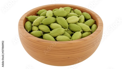Wallpaper Mural Green cardamom pods in wooden bowl with white background  Torontodigital.ca