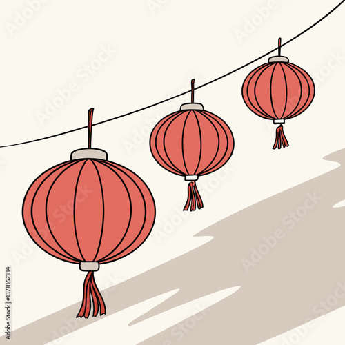 Three red paper lanterns hanging from wires stock illustration
