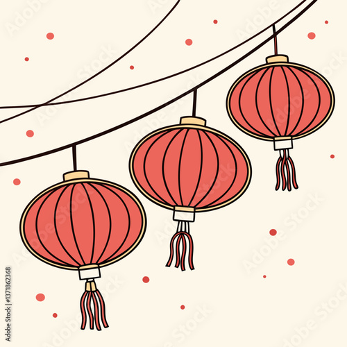 Three red paper lanterns hanging from wires stock illustration