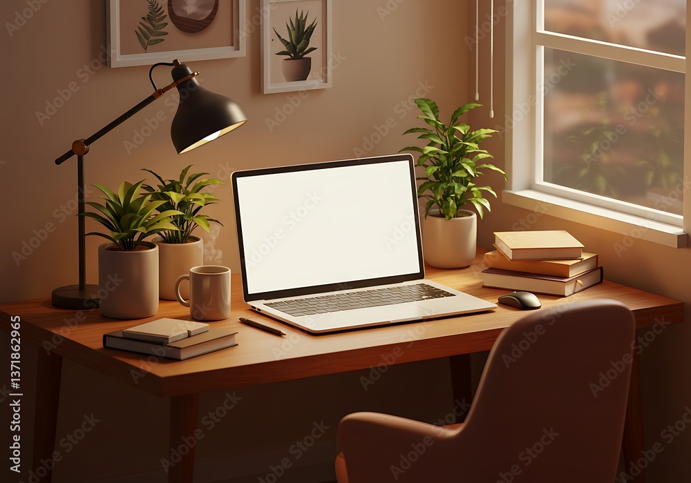 Fototapeta premium Laptop on Desk with Plants and Lamp Creating Workspace Interior