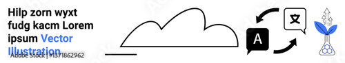 Cloud framework connects language translation with sustainability via text flow, speech bubble, and eco plant. Ideal for technology, translation, innovation, communication, environment, education