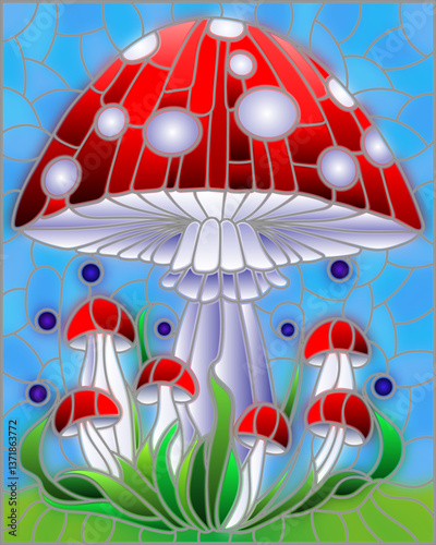 An illustration in the style of a stained glass window with bright mushrooms on a blue sky background