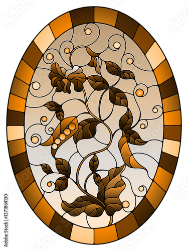 Illustration in stained glass style Bush green peas, leaves, shoots, pods and flowers on a sky background, tone brown
