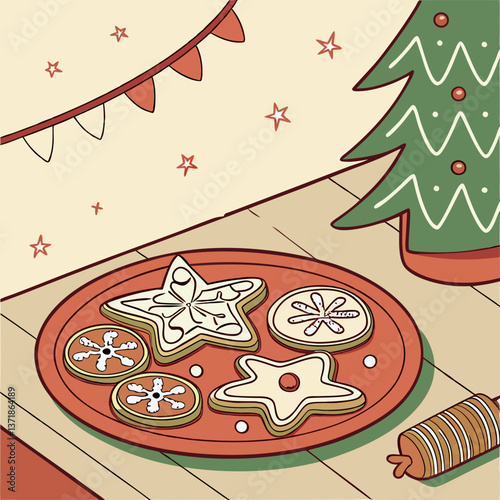 Various shaped gingerbread cookies on the red plate with snowflakes. Dish with Christmas gingerbread cookies standing on the wooden table. Christmas and New Year background. Vector illustration