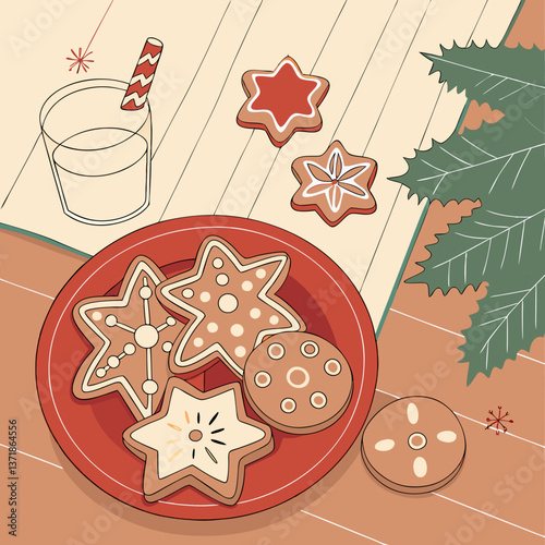 Various shaped gingerbread cookies on the red plate with snowflakes. Dish with Christmas gingerbread cookies standing on the wooden table. Christmas and New Year background. Vector illustration