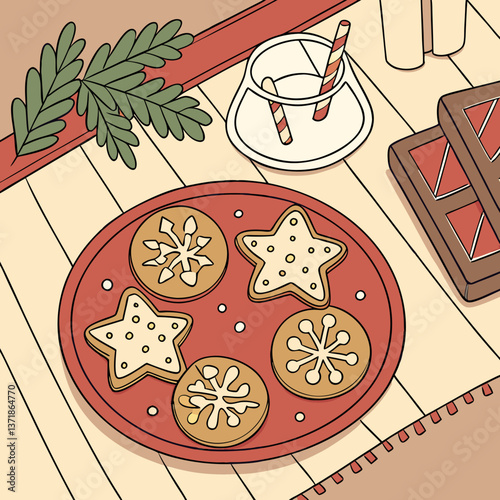 Various shaped gingerbread cookies on the red plate with snowflakes. Dish with Christmas gingerbread cookies standing on the wooden table. Christmas and New Year background. Vector illustration
