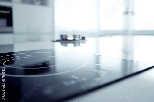 Modern kitchen countertop with stove top. Focus on clean design. Potential use for interior design or appliance catalogs