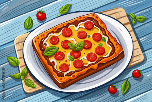 Detroit-Style Pizza on a white plate on a white wooden table from above