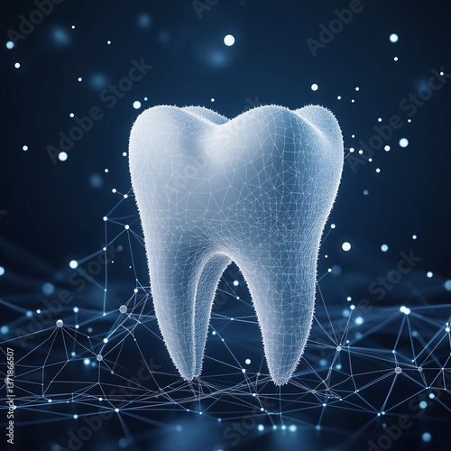 Digital rendering of an advanced tooth in white, surrounded by light particles and connected lines representing a data technology network. 