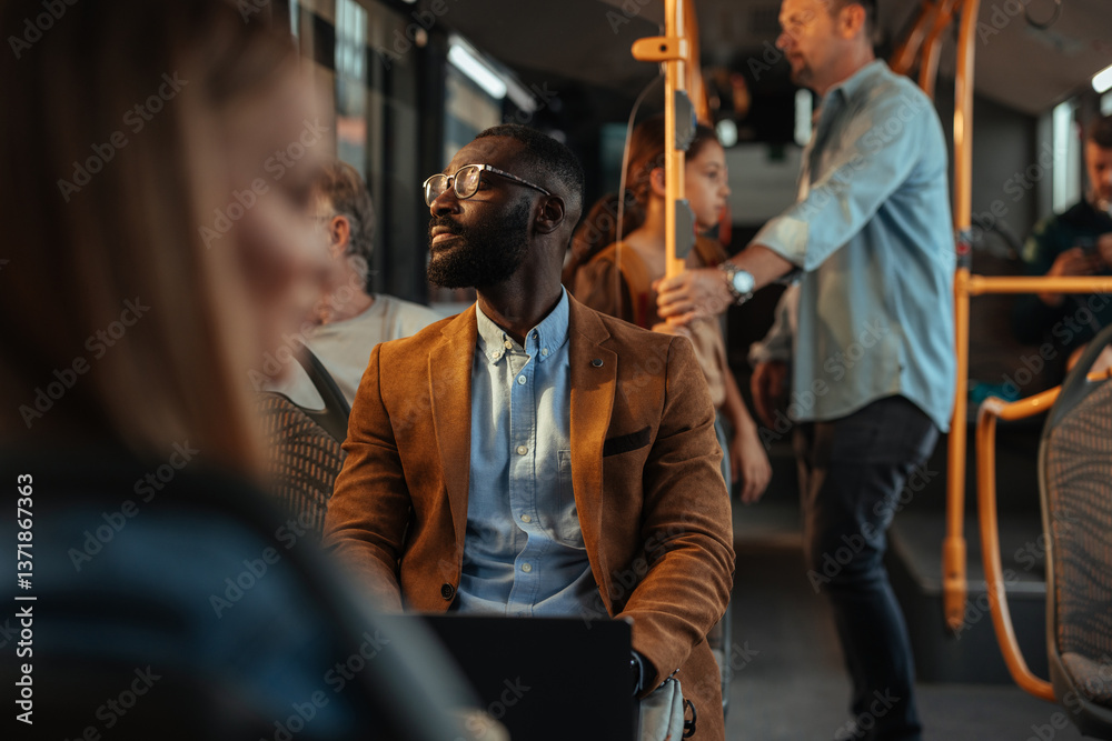 Fototapeta premium Black man enjoying the sun rays on his face on the bus