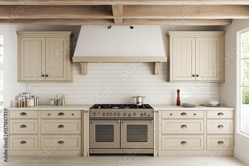 Beige Kitchen with Range, Daylight, Farmhouse Style, Interior Design, Stock Image