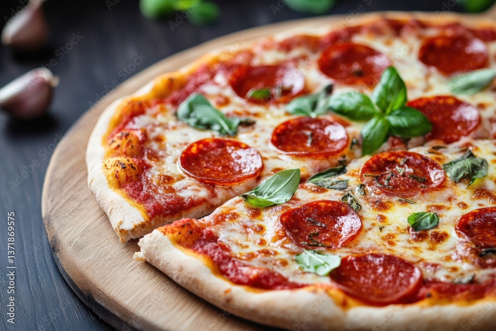 Pepperoni pizza with fresh basil Pepperoni pizza with fresh basil